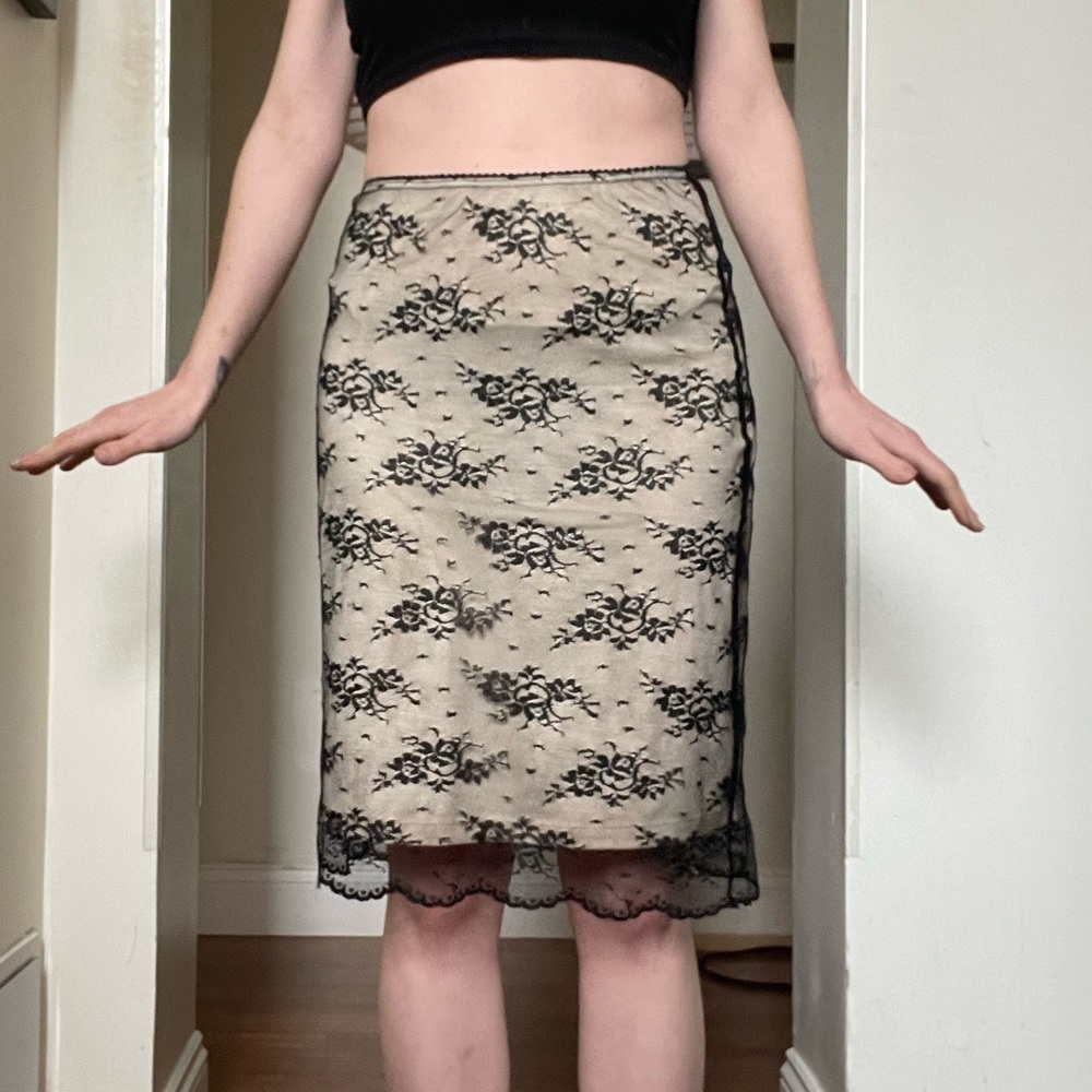 The Limited Beige Lace Overlay Midi Skirt with Black Floral Lace